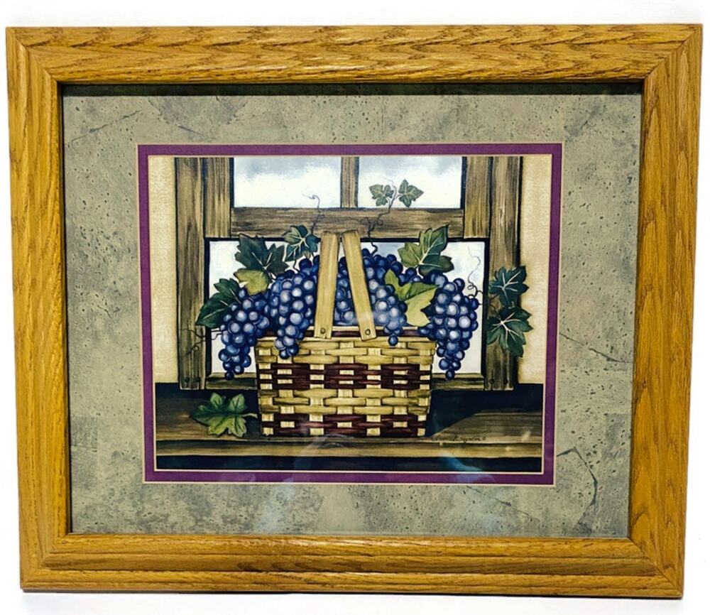 Laurie Korsgaden Country Basket Grapes Framed Print Folk Art Kitchen 16.75x13.75
